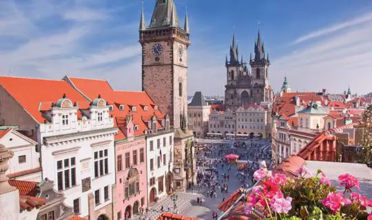 Town square with tall churches, Czech Republic