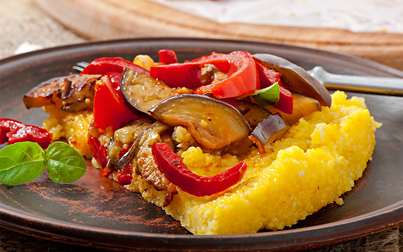 Italy Food Polenta With Vegetables Corn Grits Pizza With Tomato Eggplant 800X500